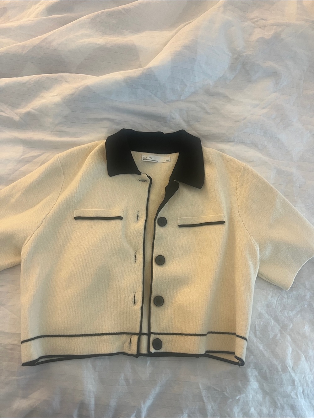 OAK + FORT Cream Cropped Jacket with Black Trim